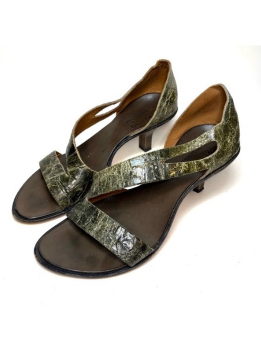 Cydwoq Green Reptile Print Leather Kitten Heel Sandals | 38